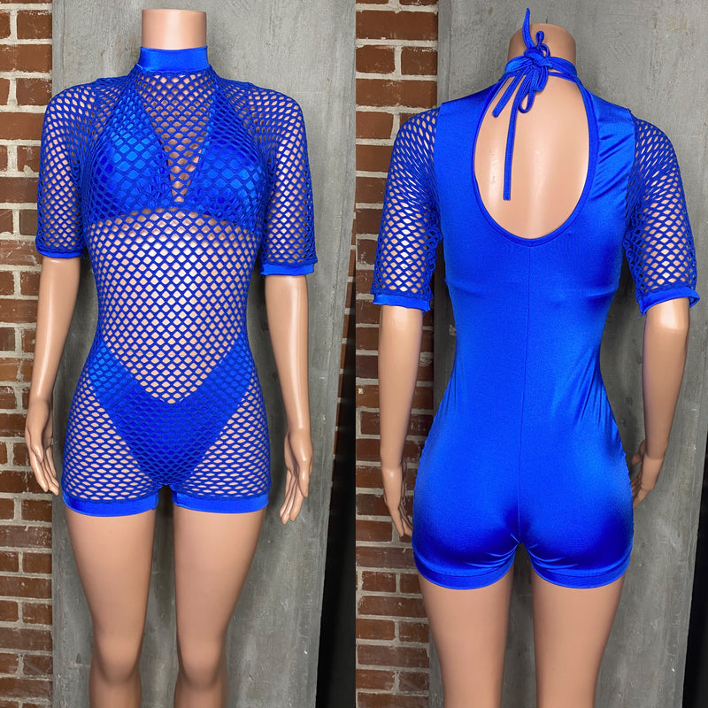 Net romper with matching bikini top. Bartender/waitress/bottle girl uniforms