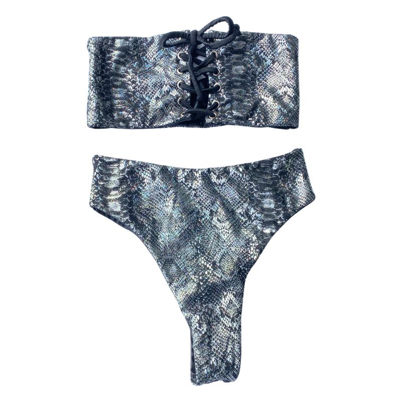 Iridescent reversible snakeskin bandeau bikini