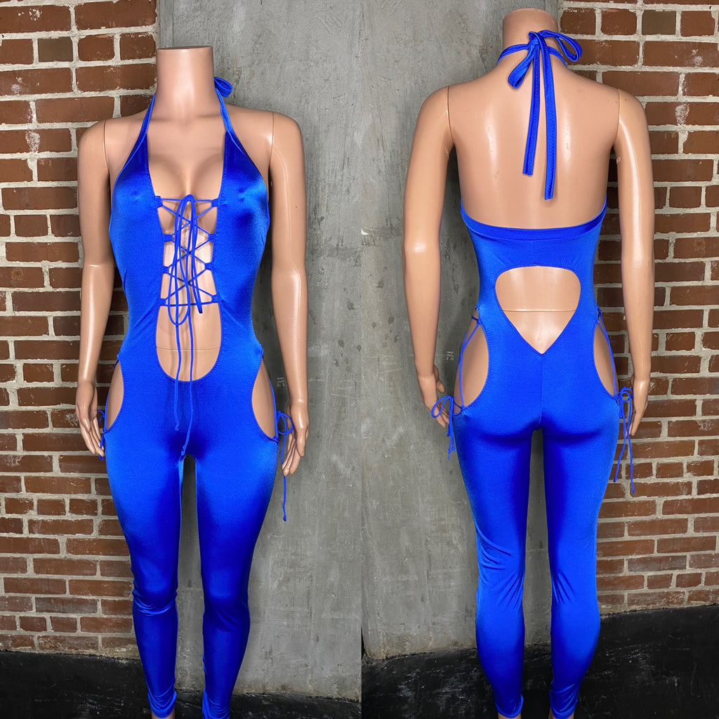 Halter open hip jumpsuit with plunge front and open back. Bartender uniform/waitress uniform/ bottle girl uniform.